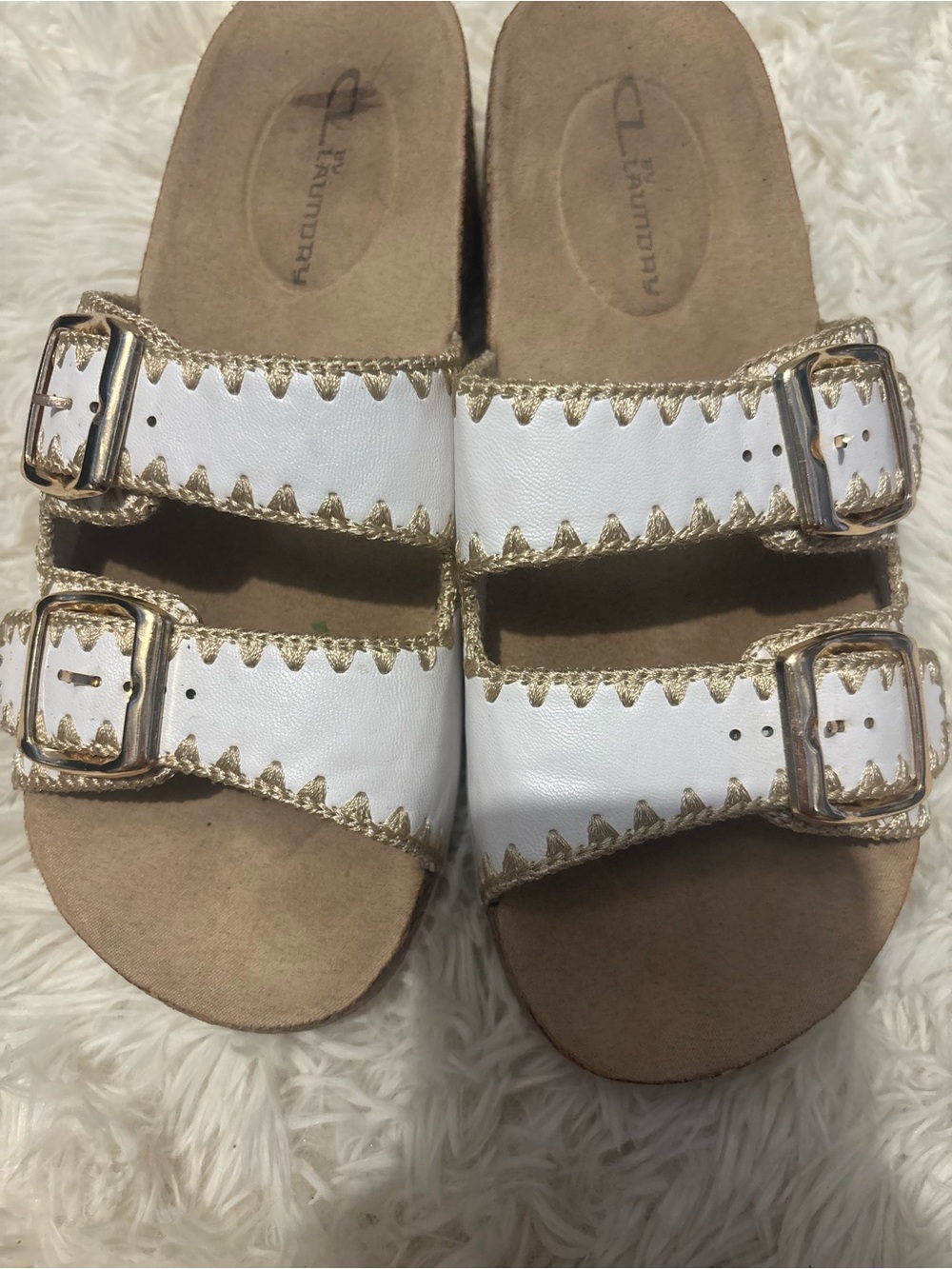 Laundry By Shelli Segal White Slide Sandals with Gold Trimed Buckles